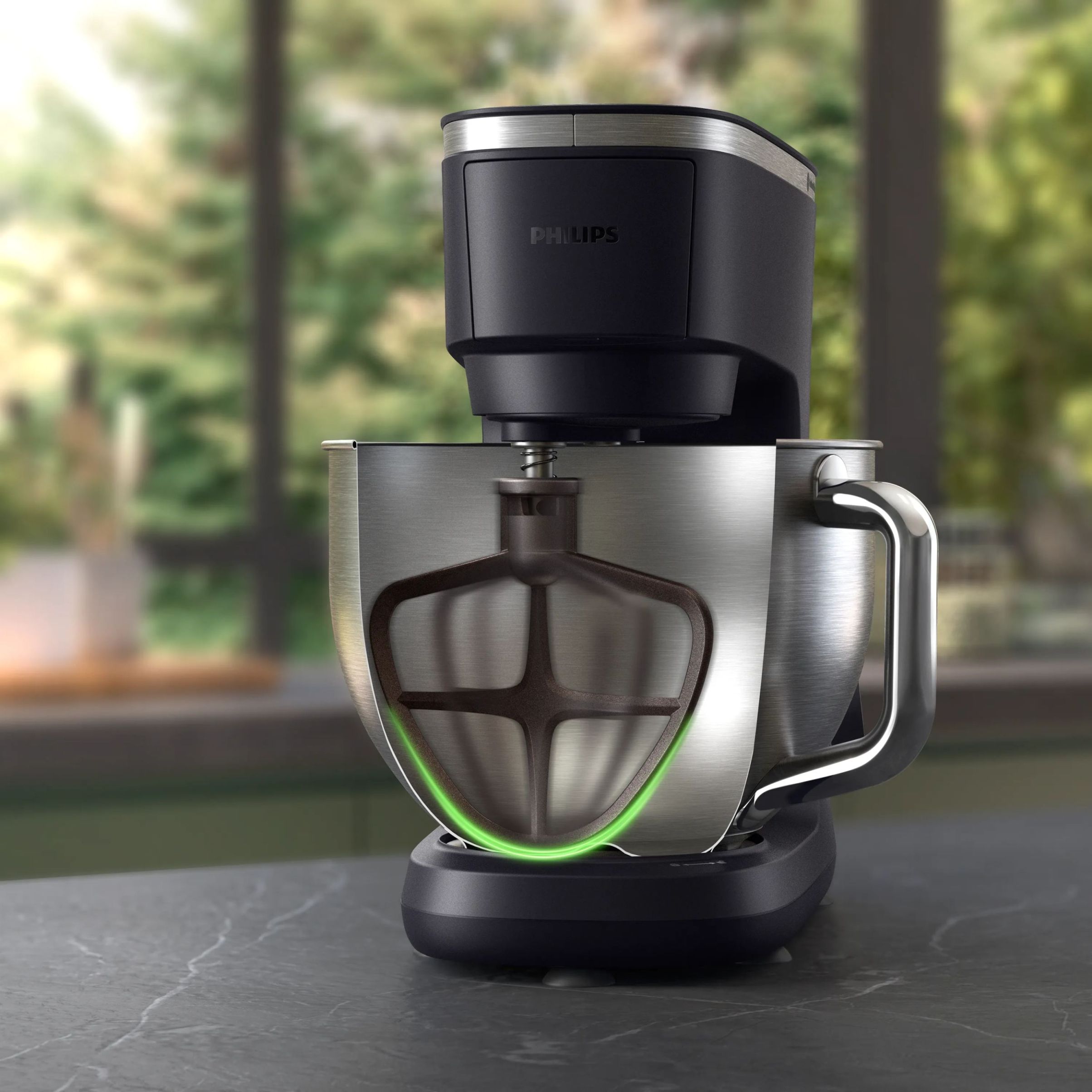 Robot de bucătărie planetar Philips Seria 7000 HR7962/21, 1000W (8 trepte, Pulse), Bol inox 5.5l, Blender sticlă 1.5l, ProKnead, Timer, Iluminare, Bază metalică, Protecție termică motor, HomeID, G9.93kg
