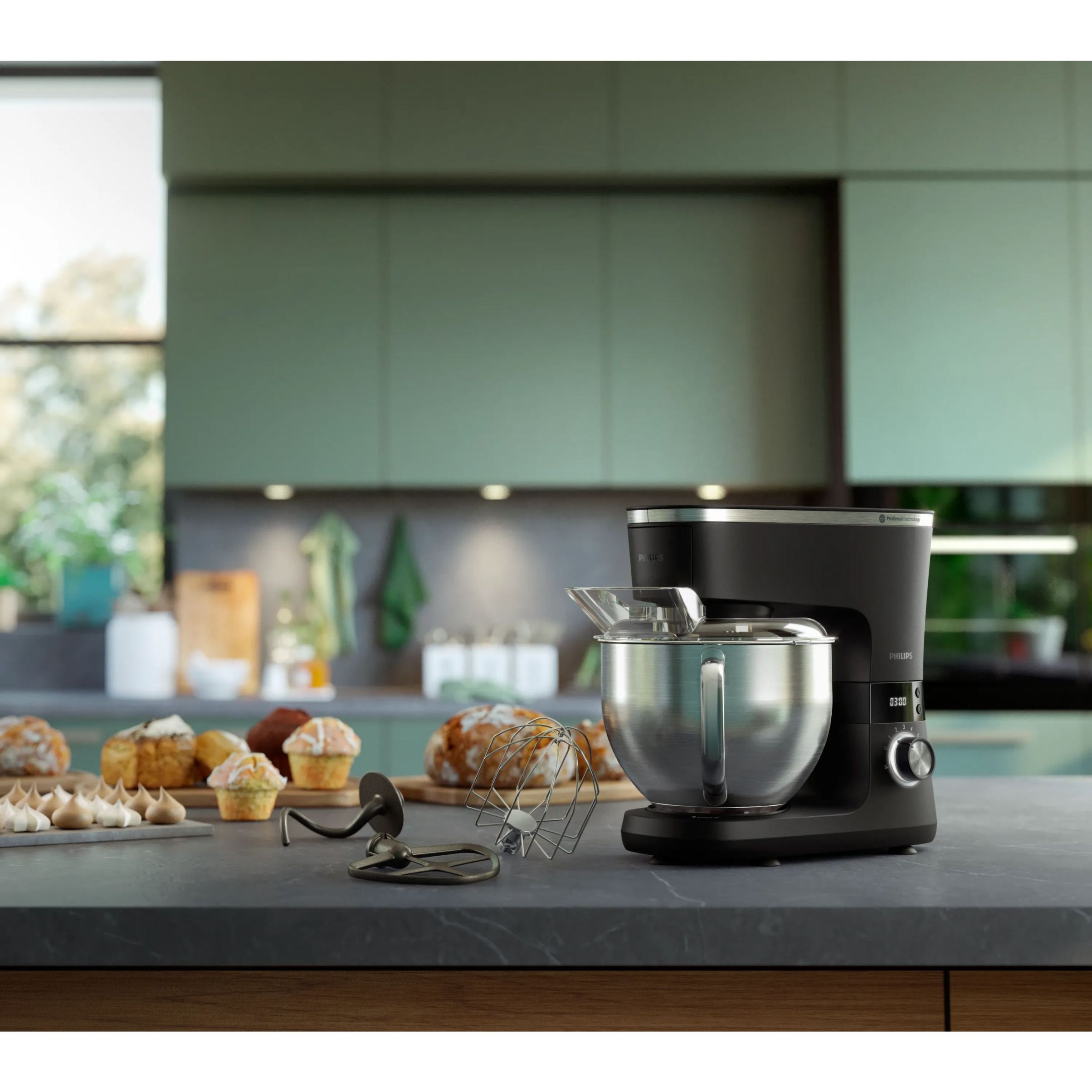 Robot de bucătărie planetar Philips Seria 7000 HR7962/21, 1000W (8 trepte, Pulse), Bol inox 5.5l, Blender sticlă 1.5l, ProKnead, Timer, Iluminare, Bază metalică, Protecție termică motor, HomeID, G9.93kg