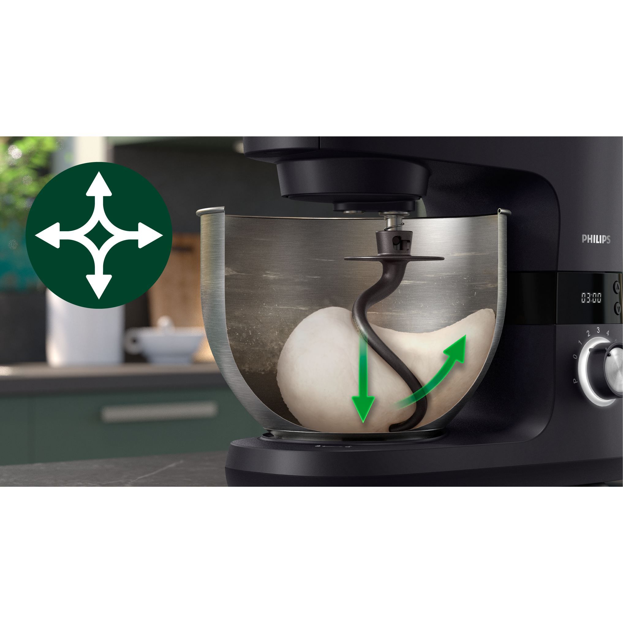 Robot de bucătărie planetar Philips Seria 7000 HR7962/21, 1000W (8 trepte, Pulse), Bol inox 5.5l, Blender sticlă 1.5l, ProKnead, Timer, Iluminare, Bază metalică, Protecție termică motor, HomeID, G9.93kg