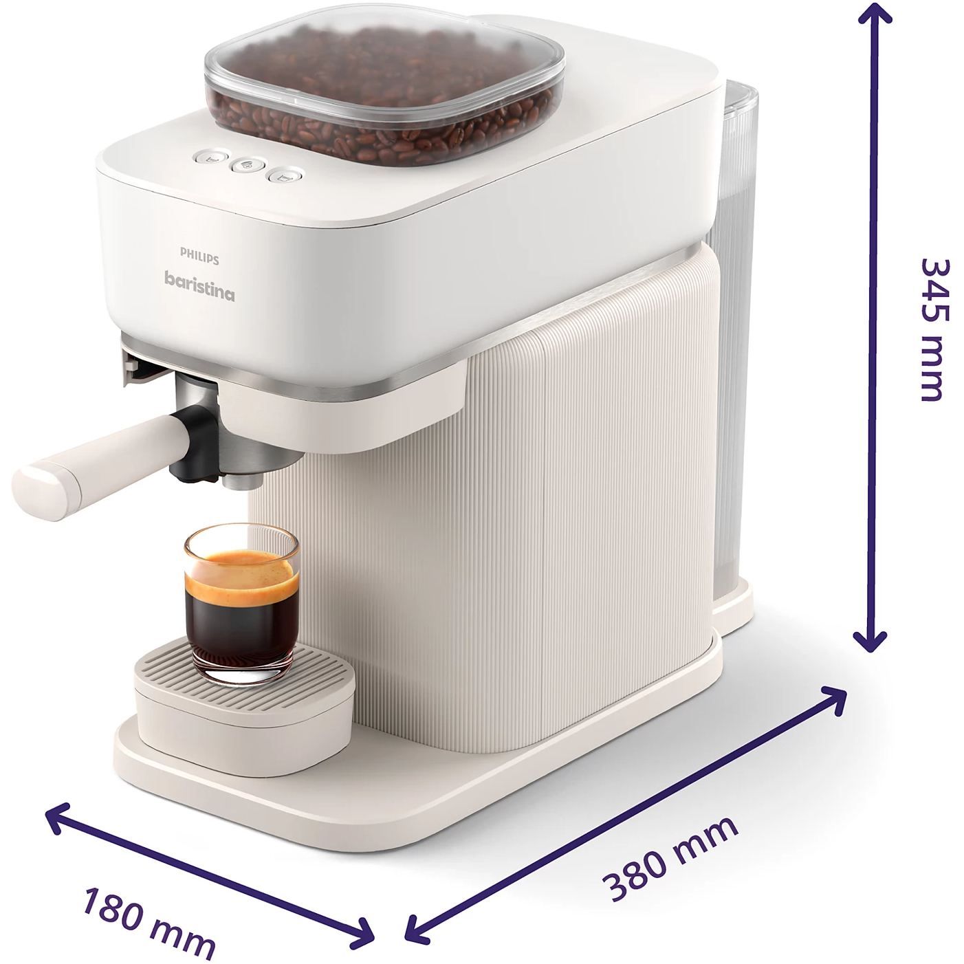 Espressor manual Philips Baristina BAR300/00  16 bar  Râșniță ceramică  Boabe 170gr  Rezervor 1.2l  Platformă pentru cești  Oprire automată  Espresso și Lungo  Portafiltru alb  Milky White