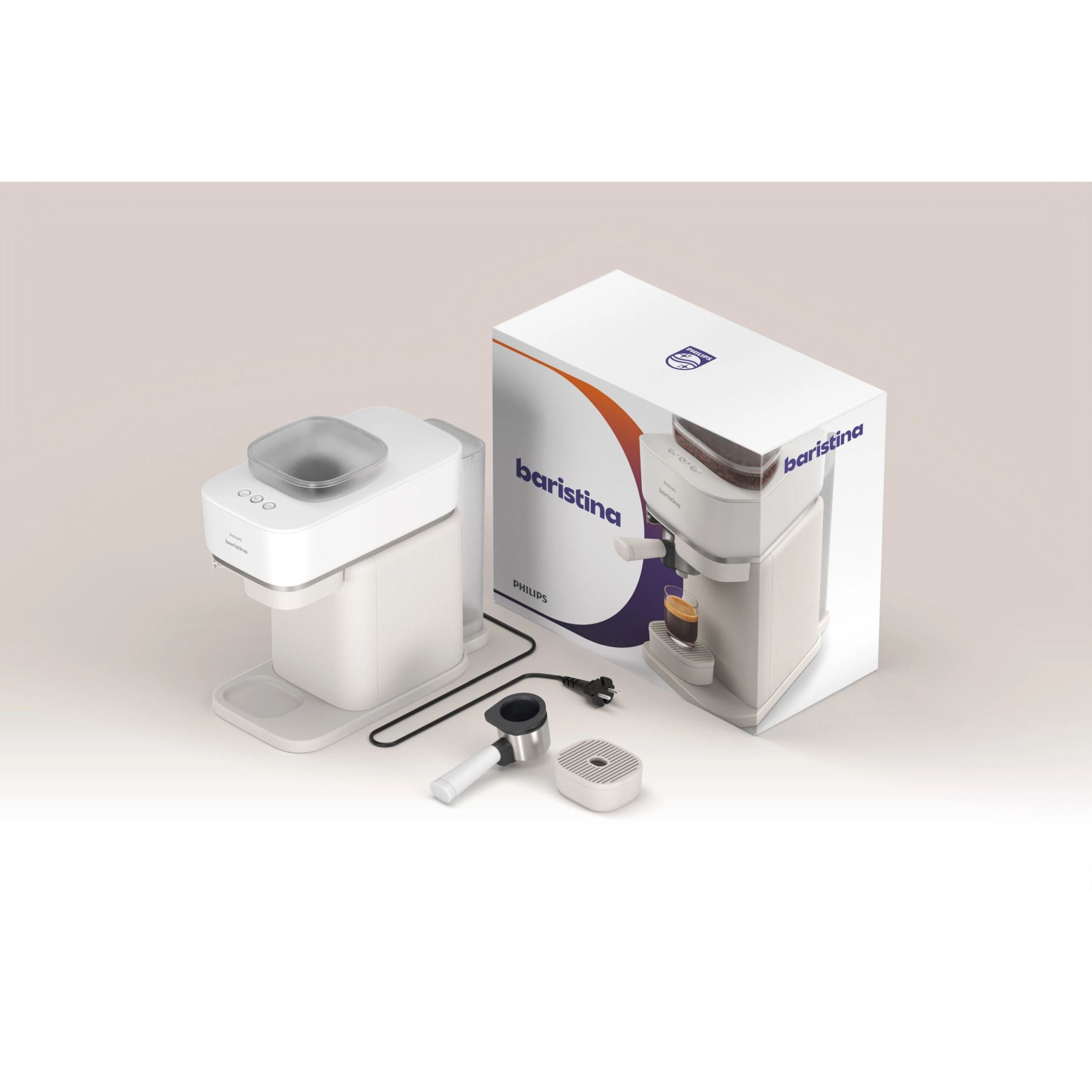 Espressor manual Philips Baristina BAR300/00  16 bar  Râșniță ceramică  Boabe 170gr  Rezervor 1.2l  Platformă pentru cești  Oprire automată  Espresso și Lungo  Portafiltru alb  Milky White