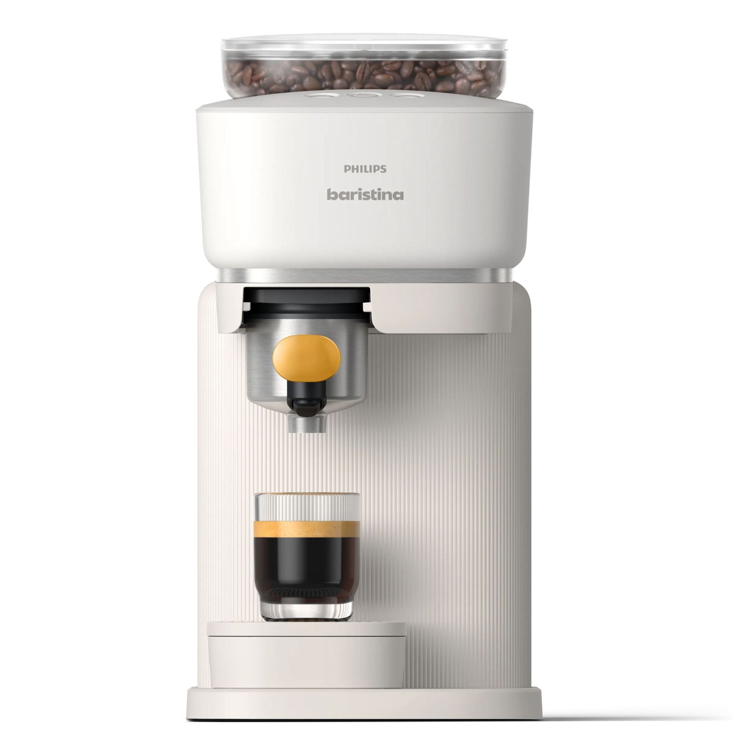 Espressor manual Philips Baristina BAR300/03  16 bar  Râșniță ceramică  Boabe 170gr  Rezervor 1.2l  Platformă pentru cești  Oprire automată  Espresso și Lungo  Portafiltru galben  Milky White