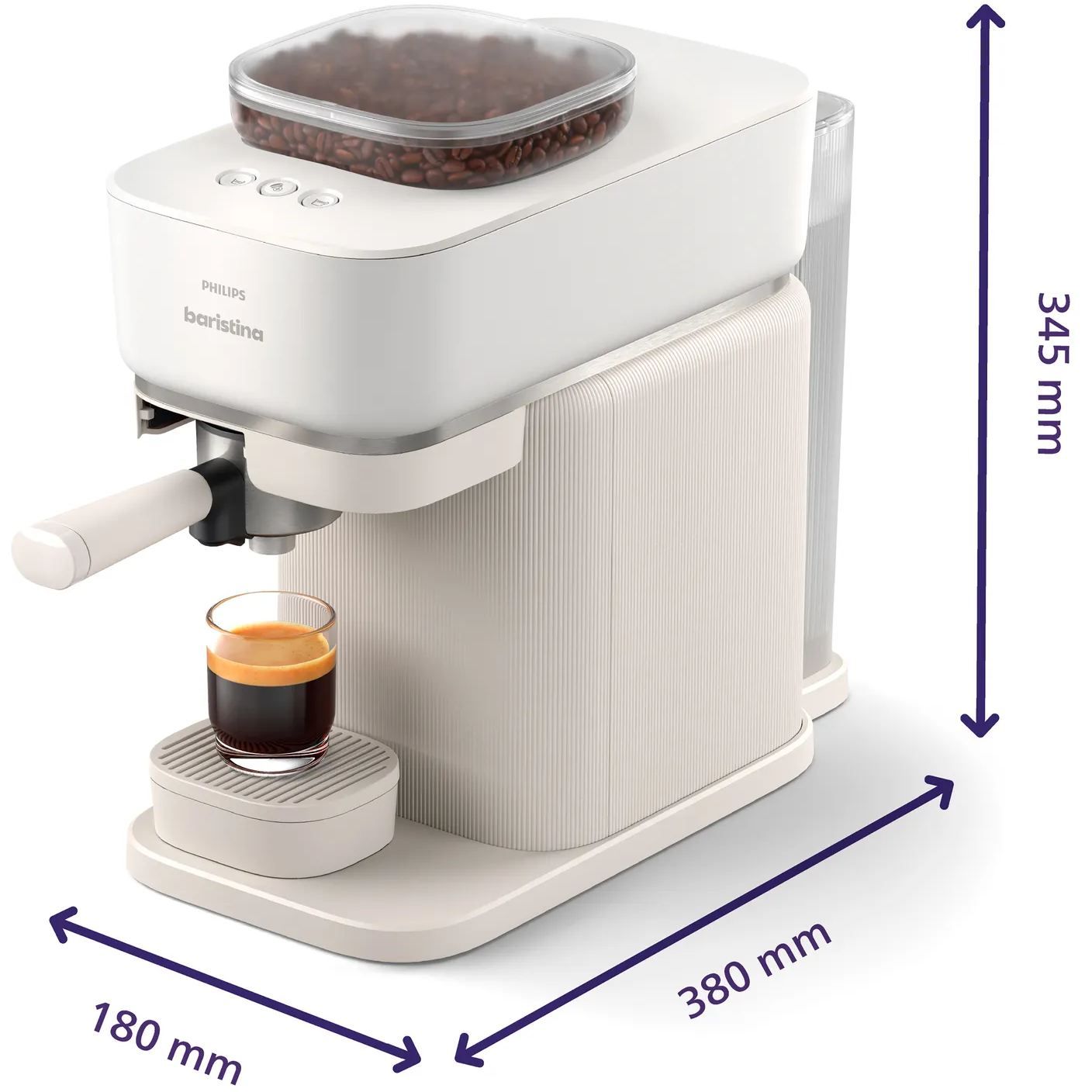 Espressor manual Philips Baristina BAR300/03  16 bar  Râșniță ceramică  Boabe 170gr  Rezervor 1.2l  Platformă pentru cești  Oprire automată  Espresso și Lungo  Portafiltru galben  Milky White