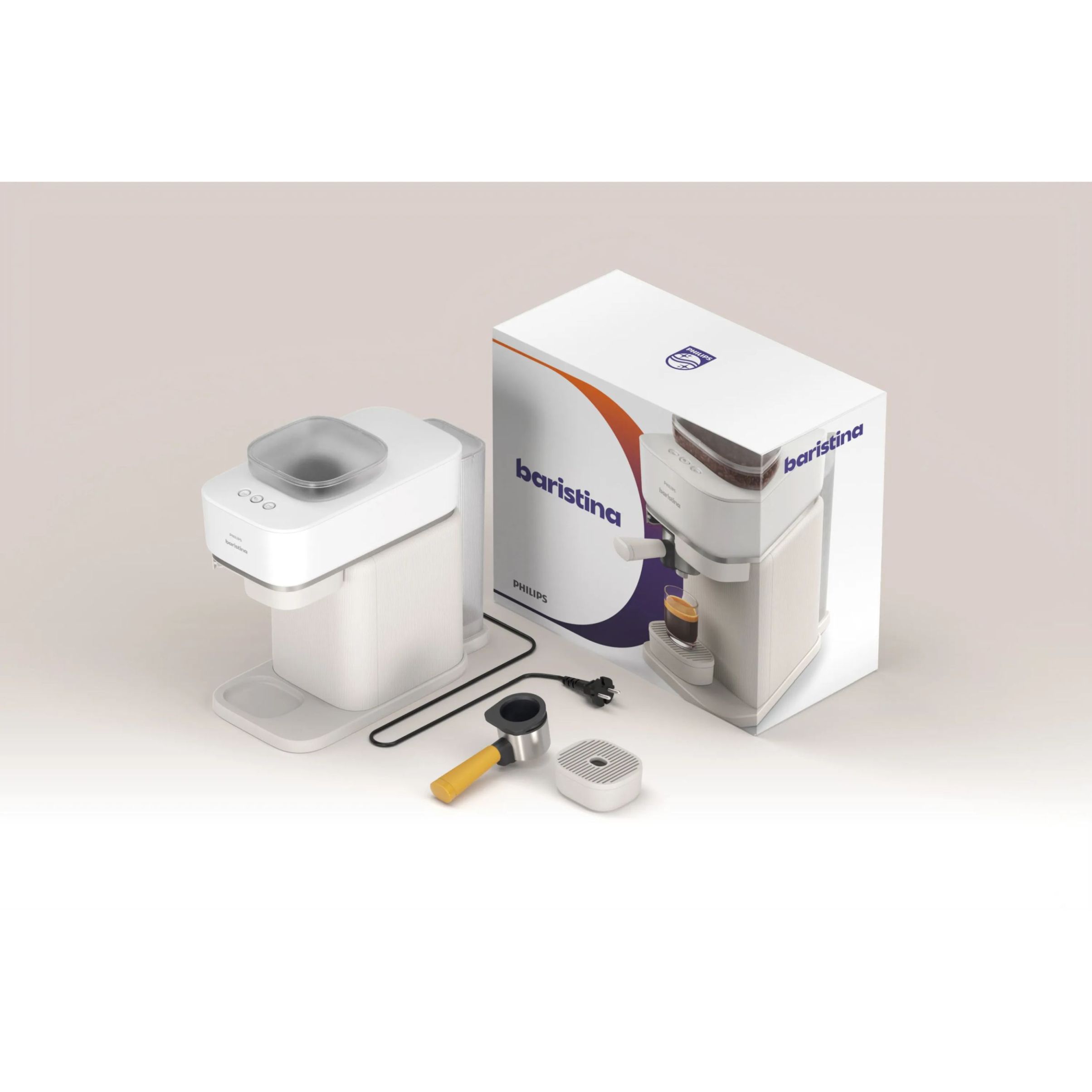 Espressor manual Philips Baristina BAR300/03  16 bar  Râșniță ceramică  Boabe 170gr  Rezervor 1.2l  Platformă pentru cești  Oprire automată  Espresso și Lungo  Portafiltru galben  Milky White