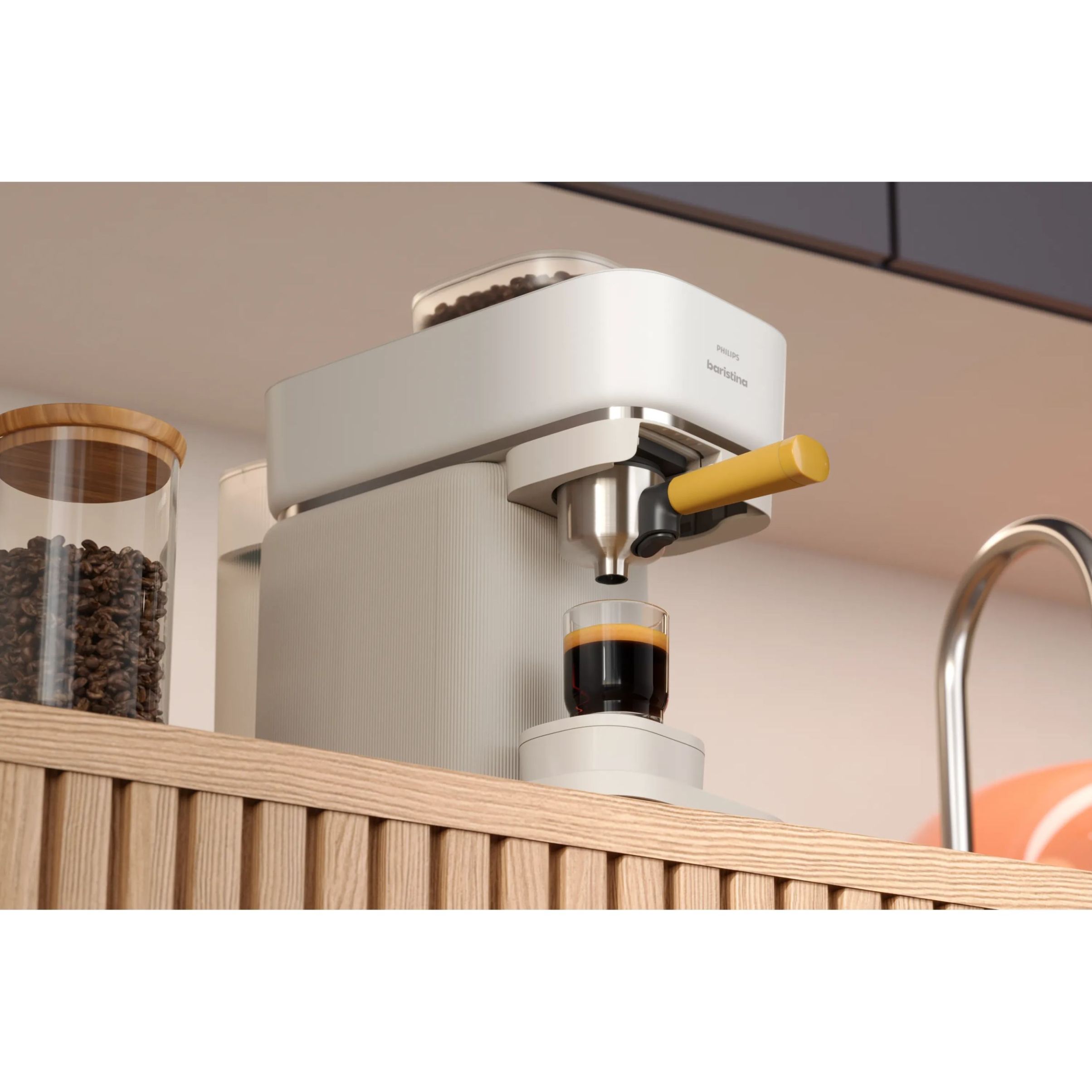 Espressor manual Philips Baristina BAR300/03  16 bar  Râșniță ceramică  Boabe 170gr  Rezervor 1.2l  Platformă pentru cești  Oprire automată  Espresso și Lungo  Portafiltru galben  Milky White
