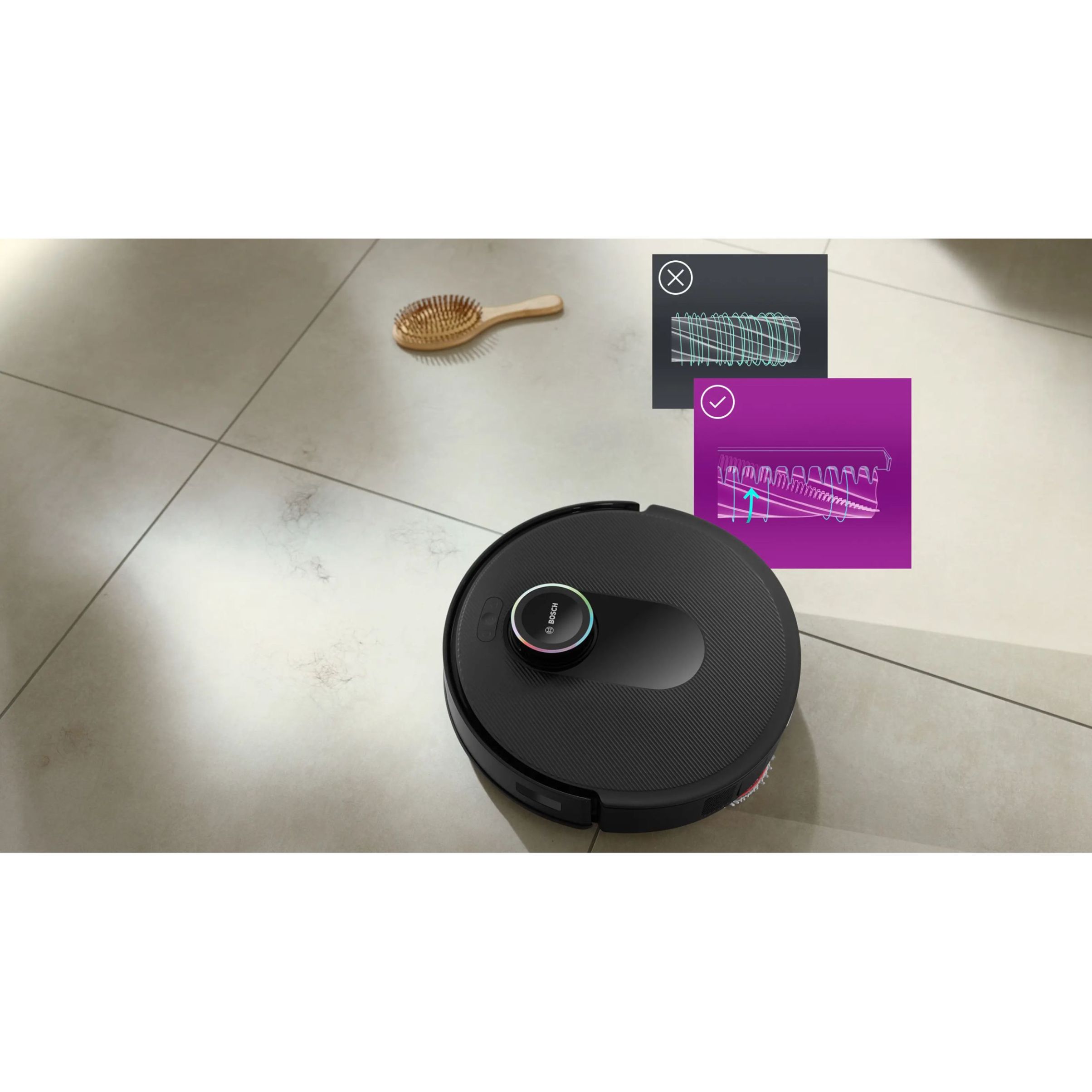 Aspirator robot BOSCH Spotless Max Cam BCRDW3BX, Apă 55ml, Rezervor 0.3l, Perie Carbon Power, Funcție Reduced Tangling, Navigare ușoară, Negru