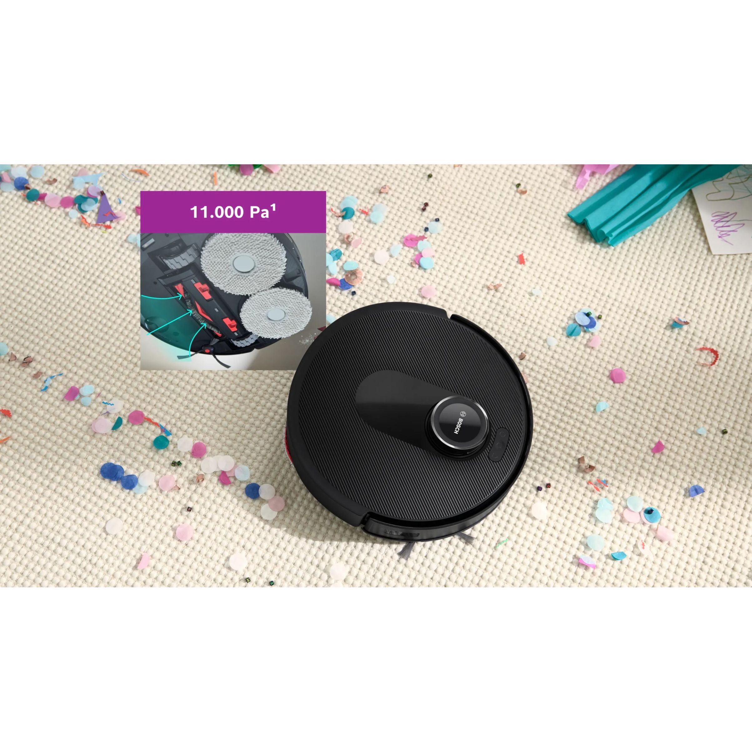 Aspirator robot BOSCH Spotless Max BCRDW3BAB, Apă 55ml, Rezervor 0.3l, Perie Carbon Power, Funcție Reduced Tangling, Navigare ușoară, Negru