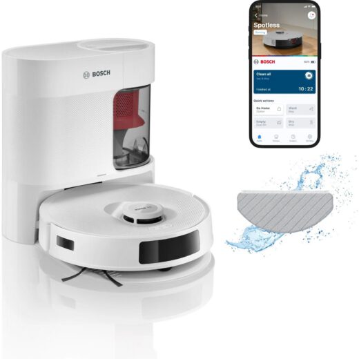 Aspirator robot BOSCH Spotless+ BCRD1W  Apă 220ml  Rezervor 0.4l  Stație 1.5l  Perie Carbon Power  Stație de curățare uscată  Funcție Reduced Tangling  Navigare ușoară  Alb