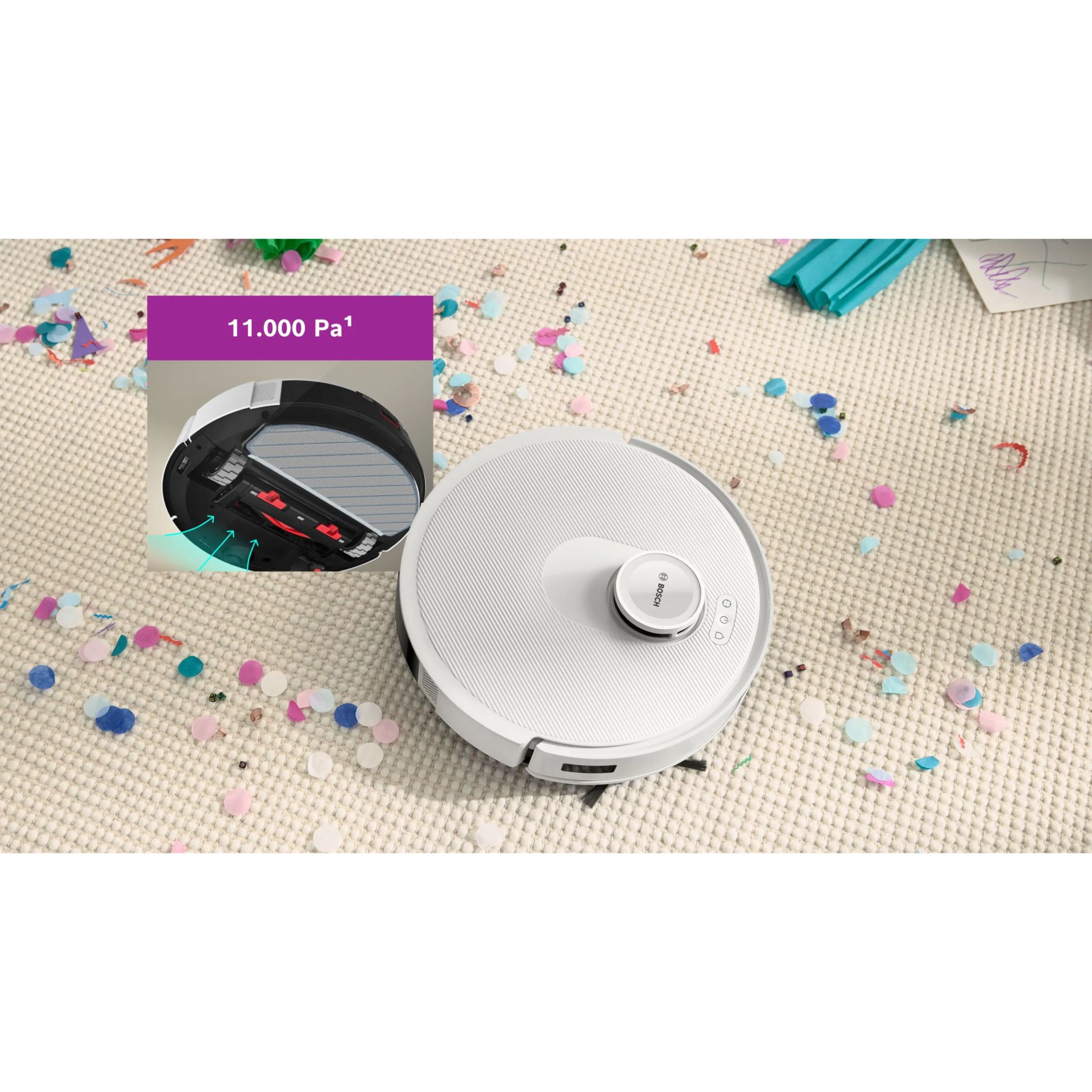 Aspirator robot BOSCH Spotless+ BCRD1W, Apă 220ml, Rezervor 0.4l, Stație 1.5l, Perie Carbon Power, Stație de curățare uscată, Funcție Reduced Tangling, Navigare ușoară, Alb