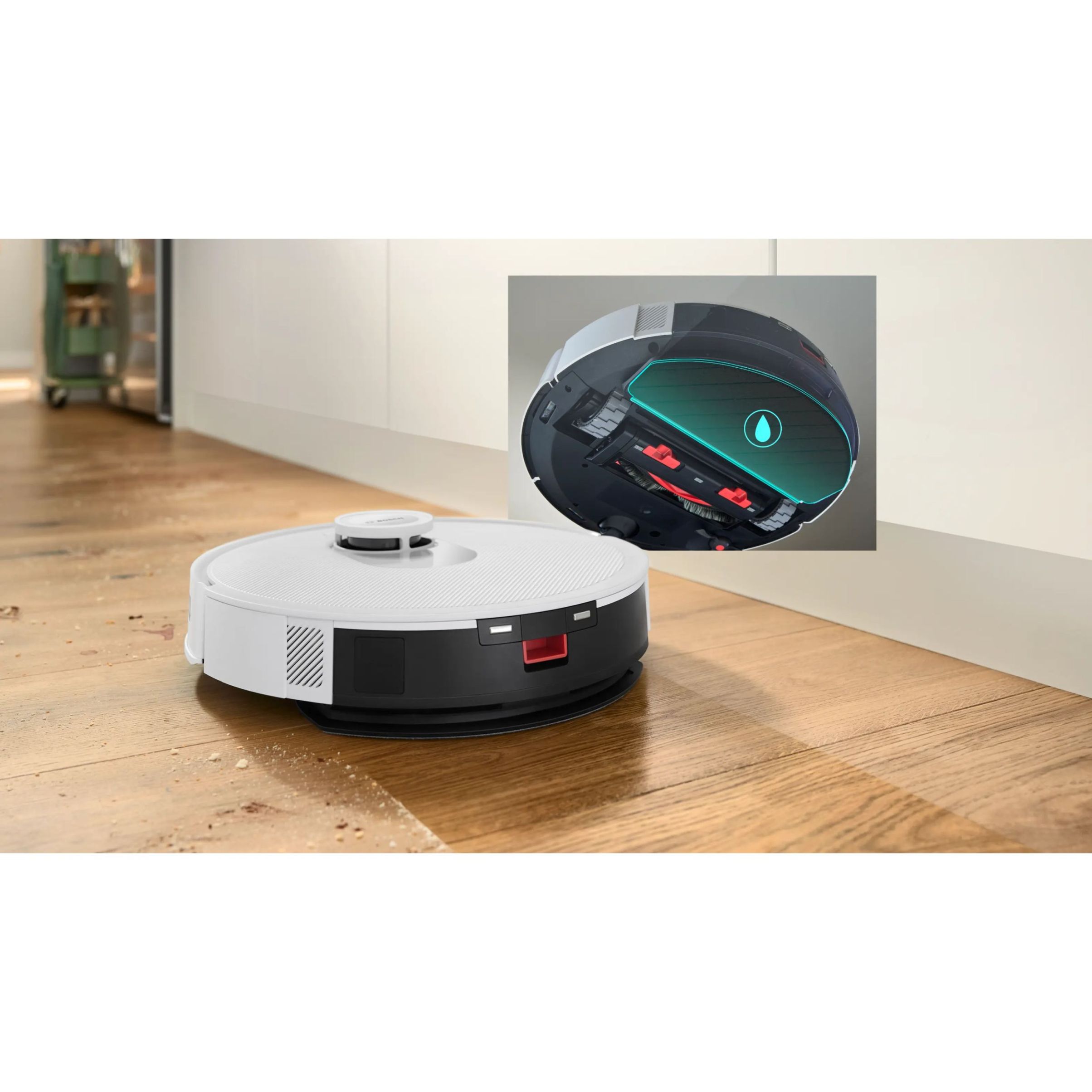 Aspirator robot BOSCH Spotless+ BCRD1W, Apă 220ml, Rezervor 0.4l, Stație 1.5l, Perie Carbon Power, Stație de curățare uscată, Funcție Reduced Tangling, Navigare ușoară, Alb