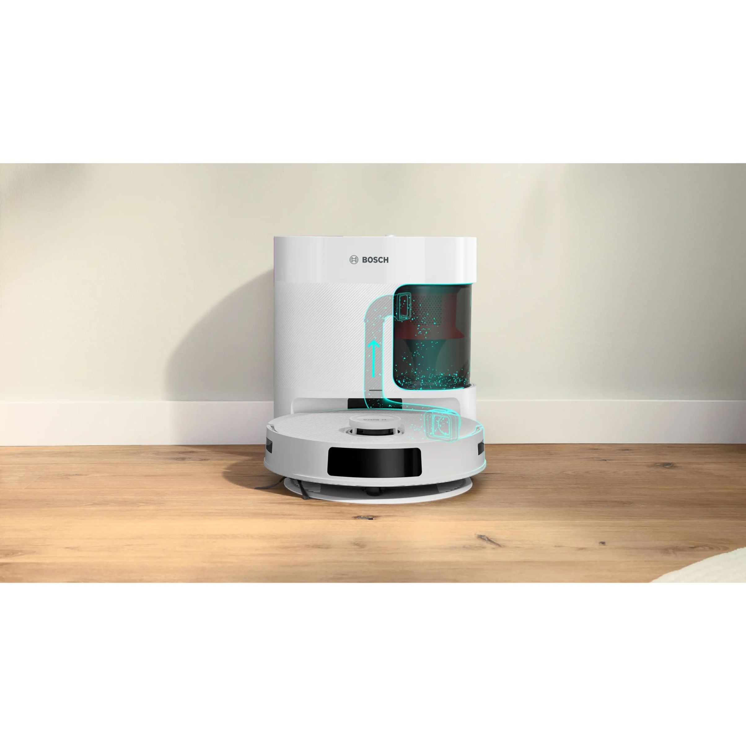 Aspirator robot BOSCH Spotless+ BCRD1W, Apă 220ml, Rezervor 0.4l, Stație 1.5l, Perie Carbon Power, Stație de curățare uscată, Funcție Reduced Tangling, Navigare ușoară, Alb