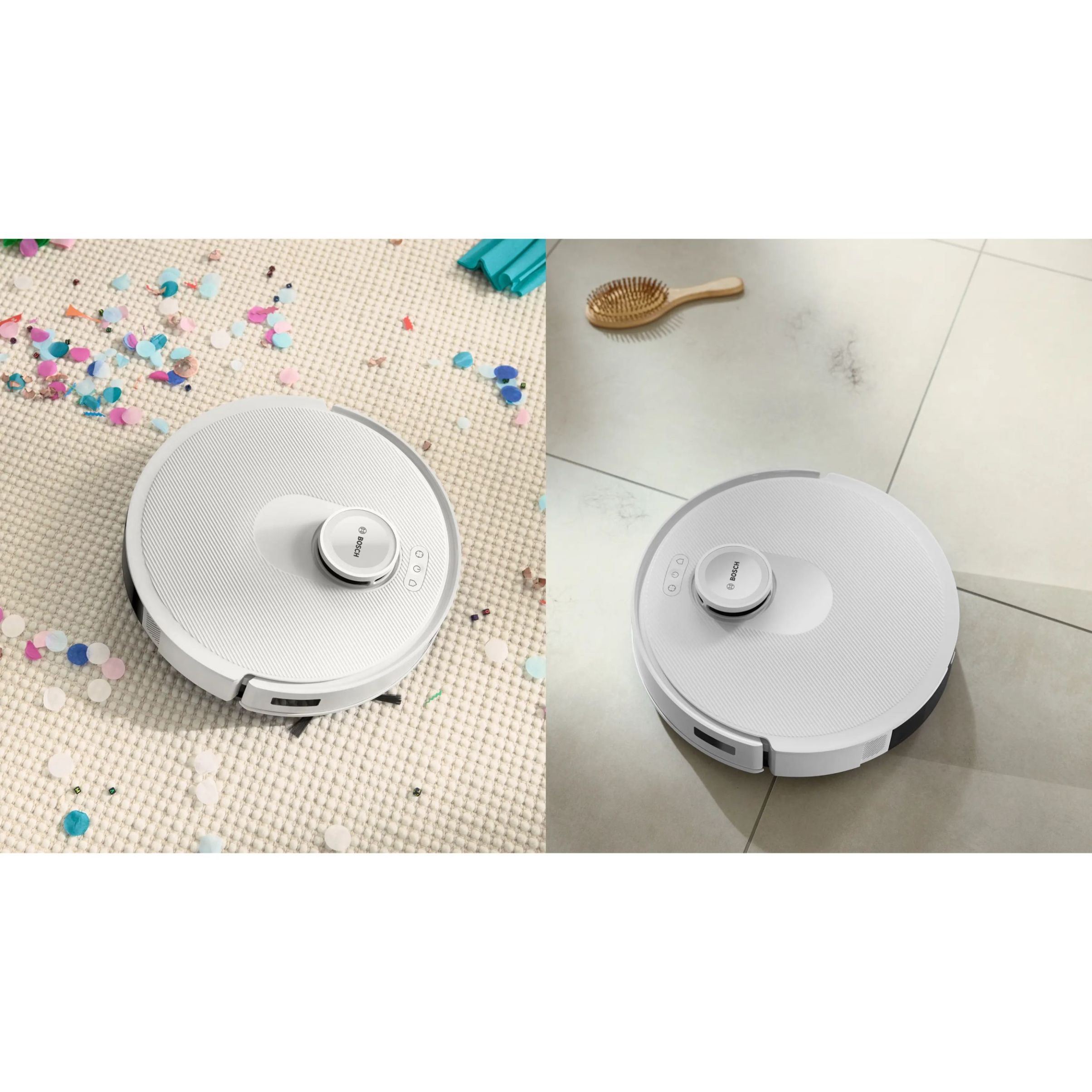 Aspirator robot BOSCH Spotless+ BCRD1W, Apă 220ml, Rezervor 0.4l, Stație 1.5l, Perie Carbon Power, Stație de curățare uscată, Funcție Reduced Tangling, Navigare ușoară, Alb