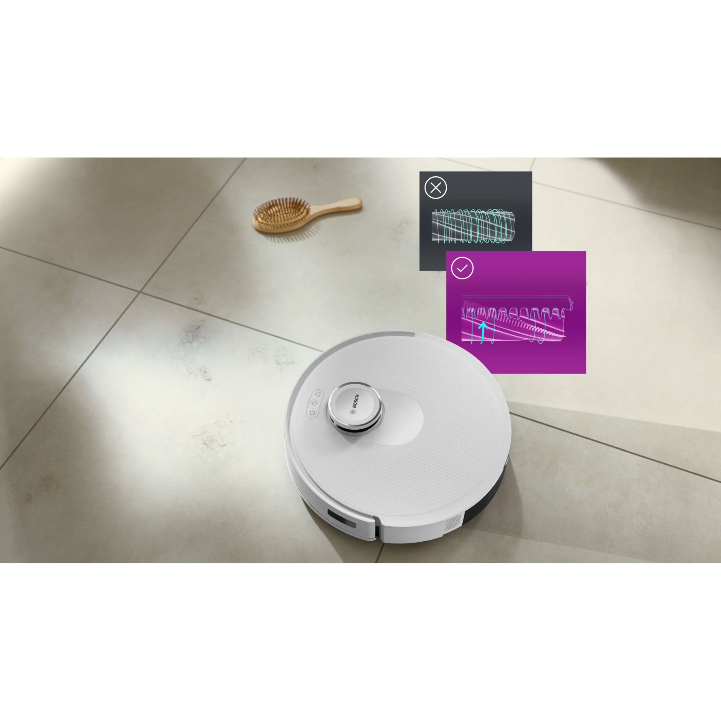 Aspirator robot BOSCH Spotless Advanced+ BCRD2W, Apă 180ml, Rezervor 0.4l, Stație 1.5l, Perie Carbon Power, Stație de curățare uscată, Funcție Reduced Tangling, Navigare ușoară, Alb