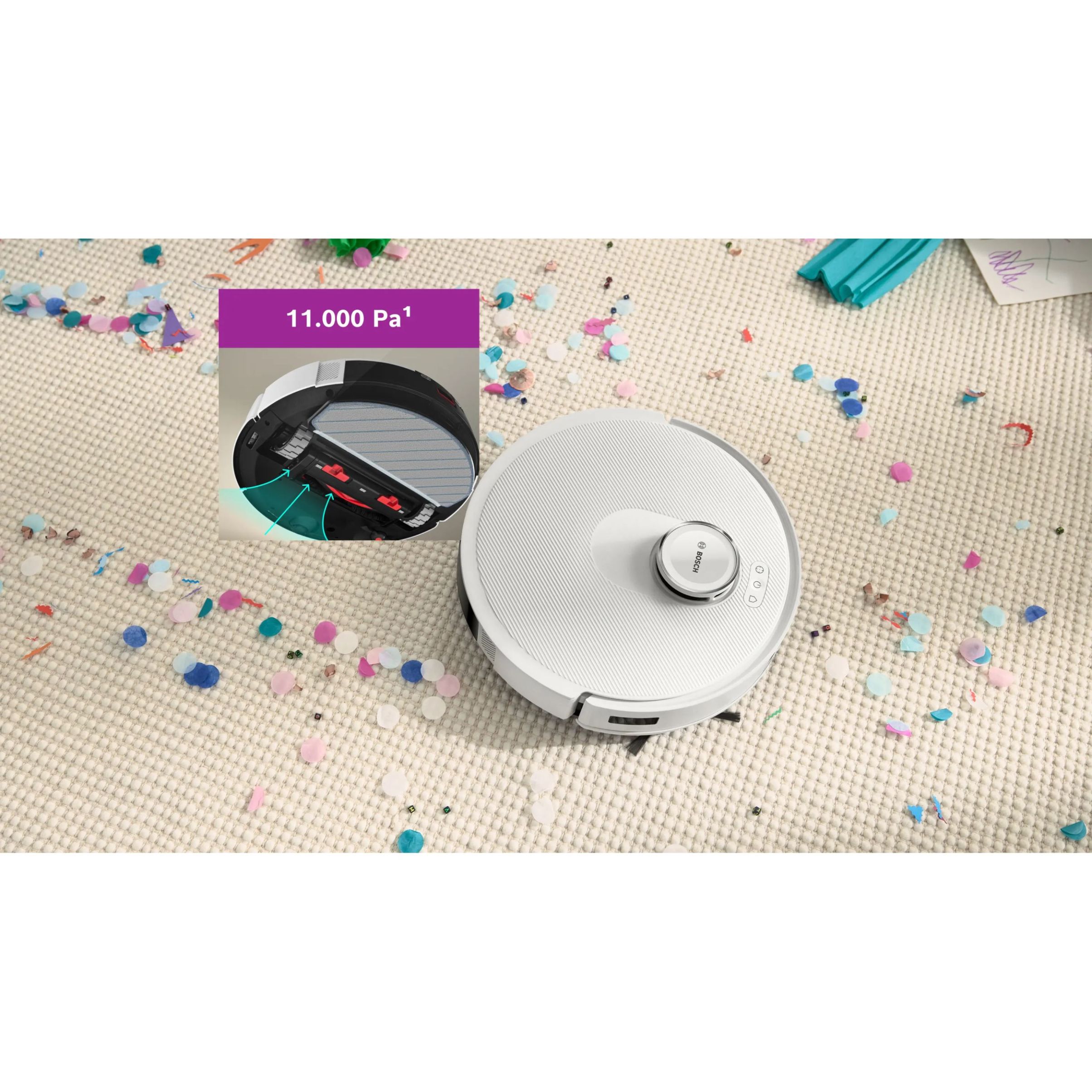 Aspirator robot BOSCH Spotless Advanced+ BCRD2W, Apă 180ml, Rezervor 0.4l, Stație 1.5l, Perie Carbon Power, Stație de curățare uscată, Funcție Reduced Tangling, Navigare ușoară, Alb