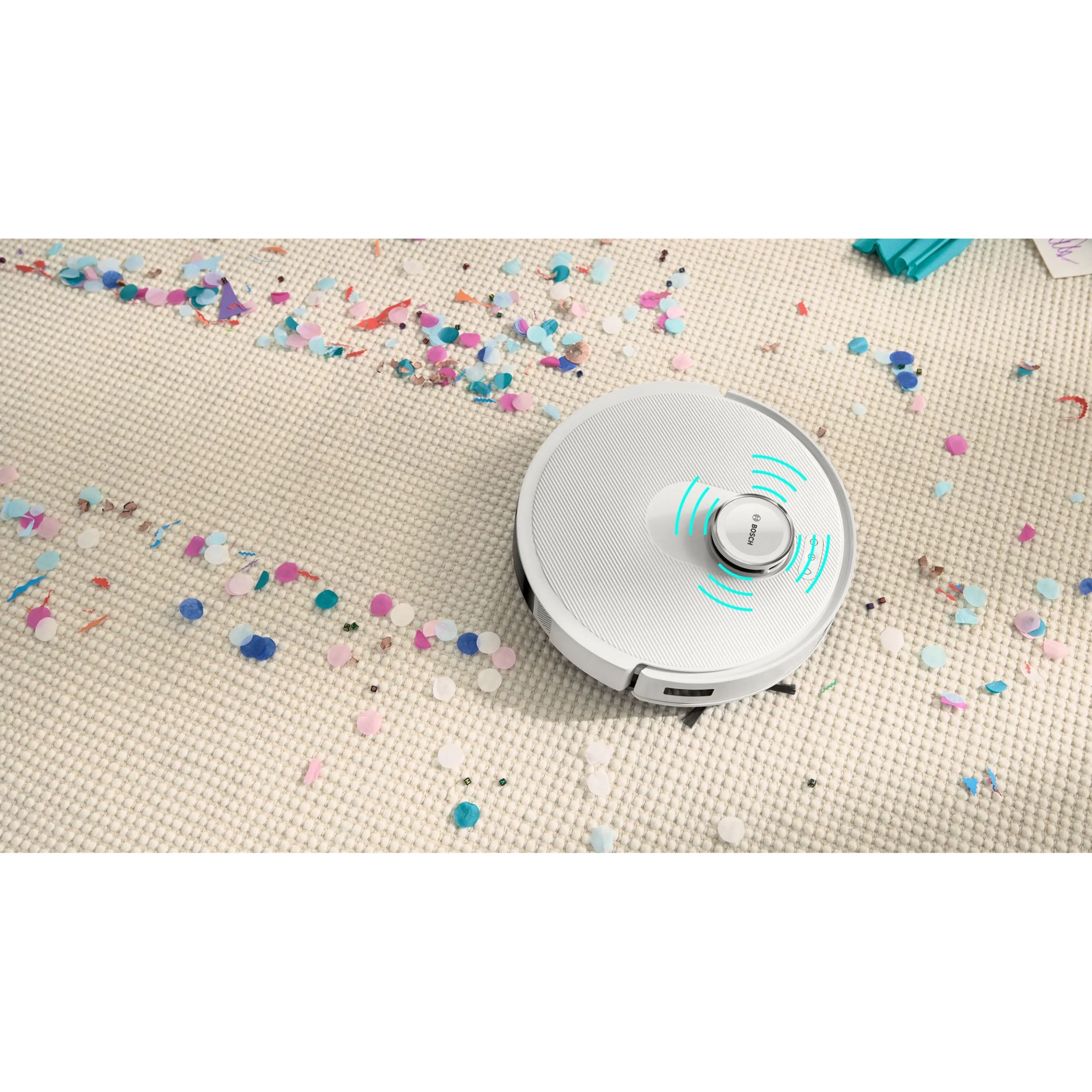 Aspirator robot BOSCH Spotless Advanced+ BCRD2W, Apă 180ml, Rezervor 0.4l, Stație 1.5l, Perie Carbon Power, Stație de curățare uscată, Funcție Reduced Tangling, Navigare ușoară, Alb