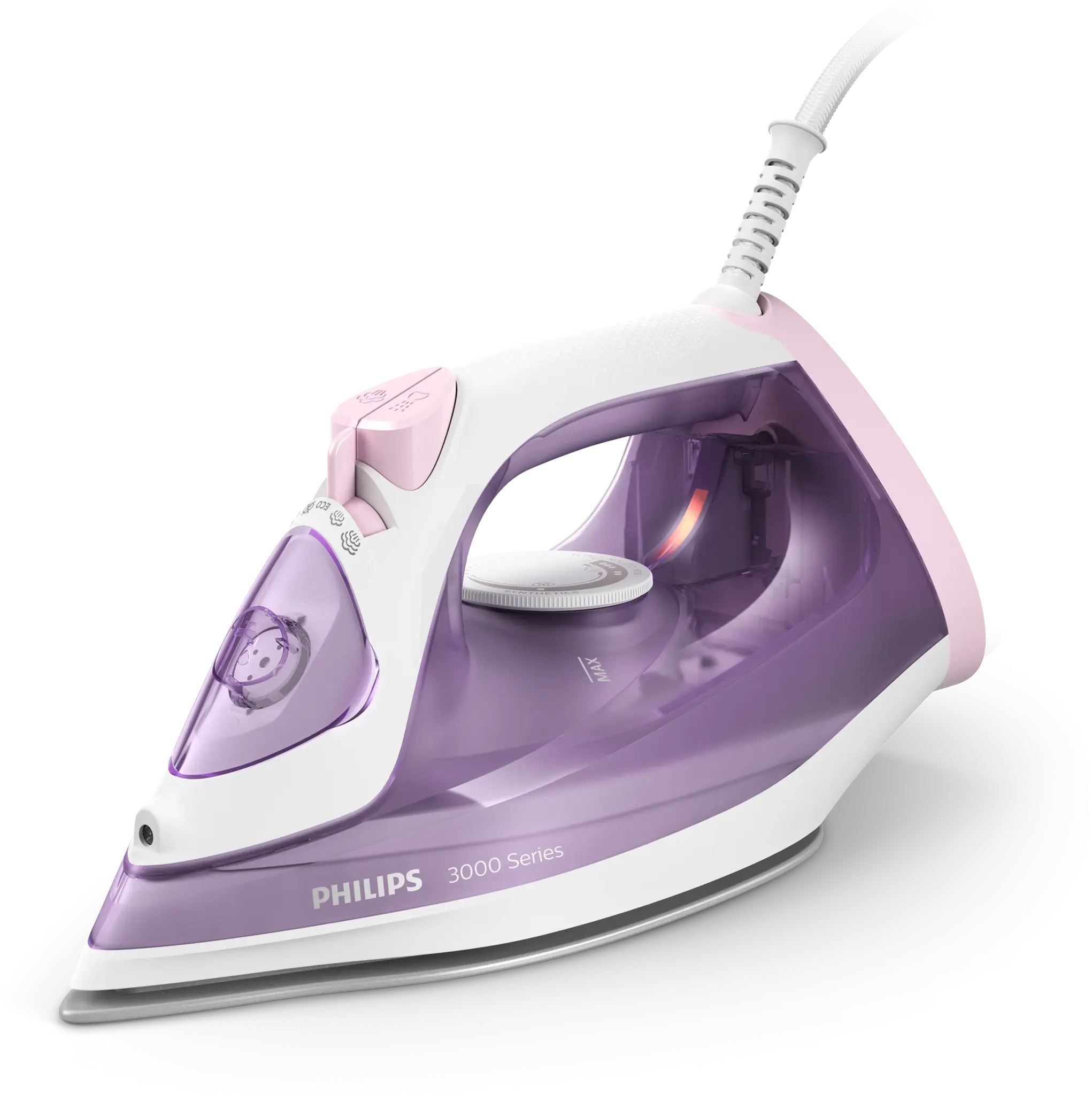 Fier de călcat cu abur Philips Seria 3000 DST3010/30, 2000W, Continuu 30g/min, Jet 140g, Rezervor 300ml, Talpă Ceramică, C1.9m, G1.27kg, Violet and Pink