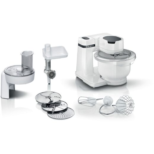Robot de bucătărie planetar BOSCH Serie S2 MUMS2 MUMS2AW21  700W (4 trepte)  Bol plastic 3.8l  Set de patiserie  Soft Start  Design compact  Control electronic al puterii  G4.4kg  Fully White
