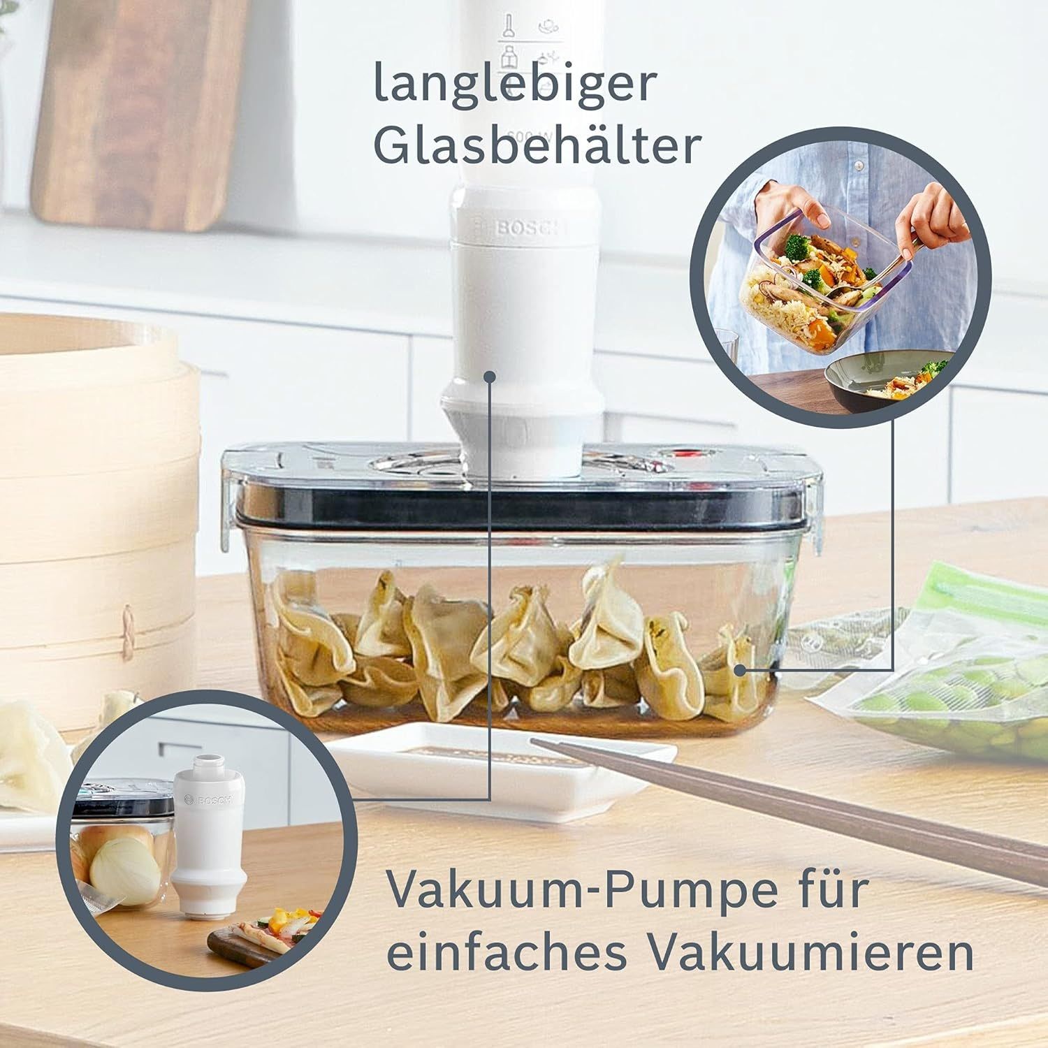 Set de accesorii BOSCH ErgoMixx Fresh Vacuum Glass MSZV6FSG2 – 17006290, 2 recipiente 1.2 litri din sticlă borosilicată, Capace Tritan, Pompă vidare albă, Tăvițe scurgere incluse