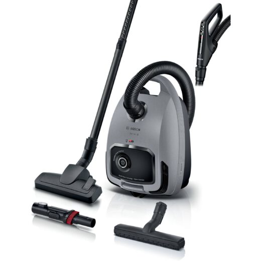Aspirator cu sac BOSCH Serie 6 BGB6X330  Aspirare uscată  600W  Sac 4l  Cablu 9.3m  4 roți  Filtru igienic lavabil HEPA  Telecomandă mâner  Iluminare LED  Perie mobilier  Perie parchet  75dBA  G4.3kg  Graphite
