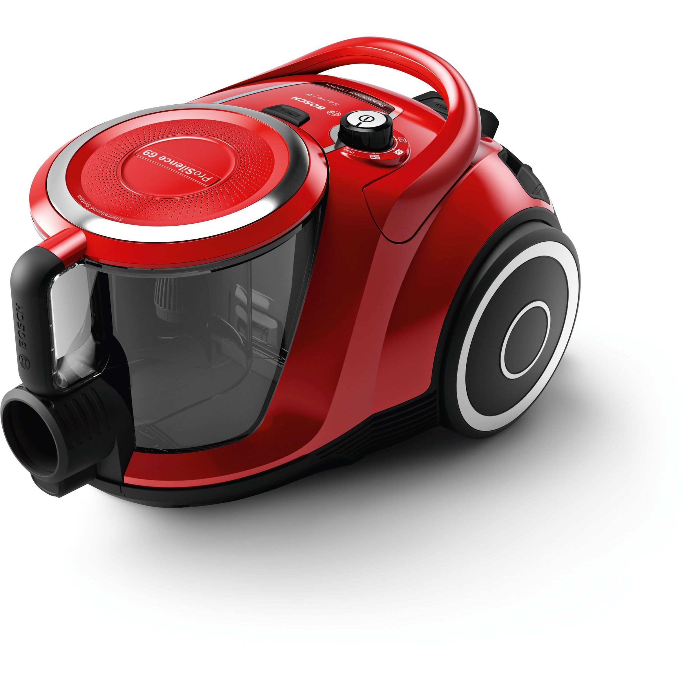 Aspirator fără sac BOSCH Serie 6 ProSilence BGC41Q69, 600W, Nivel minim de zgomot și manevrare ușoară, Tehnologie AirCycle, Sistem EasyClean, Filtru igienic HEPA, Sistem QuattroPower, Metallic Red Cherry