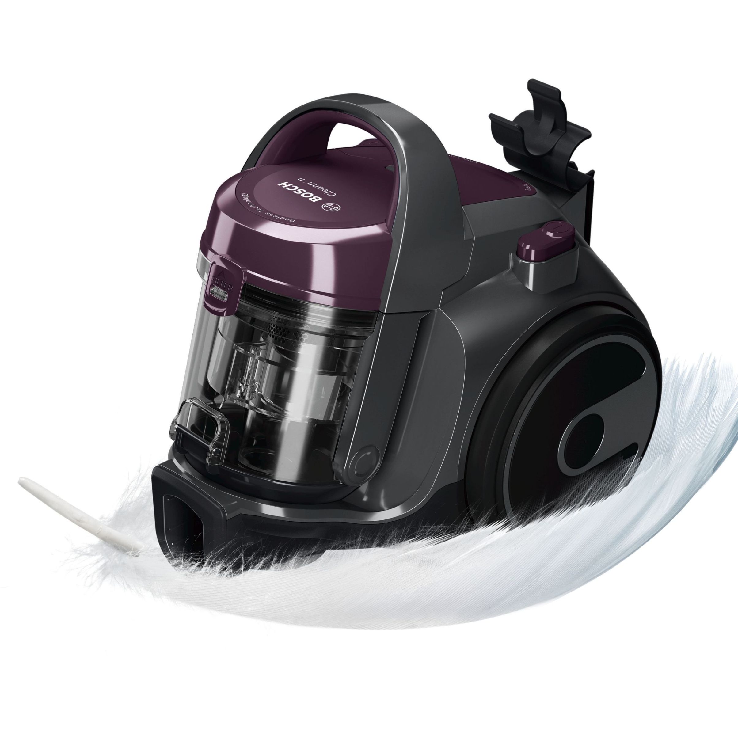 Aspirator fără sac BOSCH Serie 2 Cleann’n BGC05AAA1, Asp uscată, 700W, Praf 1.5l, Cablu 6m, 78dBA, Filtru igienic EPA12, Mâner ergonomic, 3 roți, AirCycle, HiSpin, Perie cu clapetă, 4.4kg, Violet