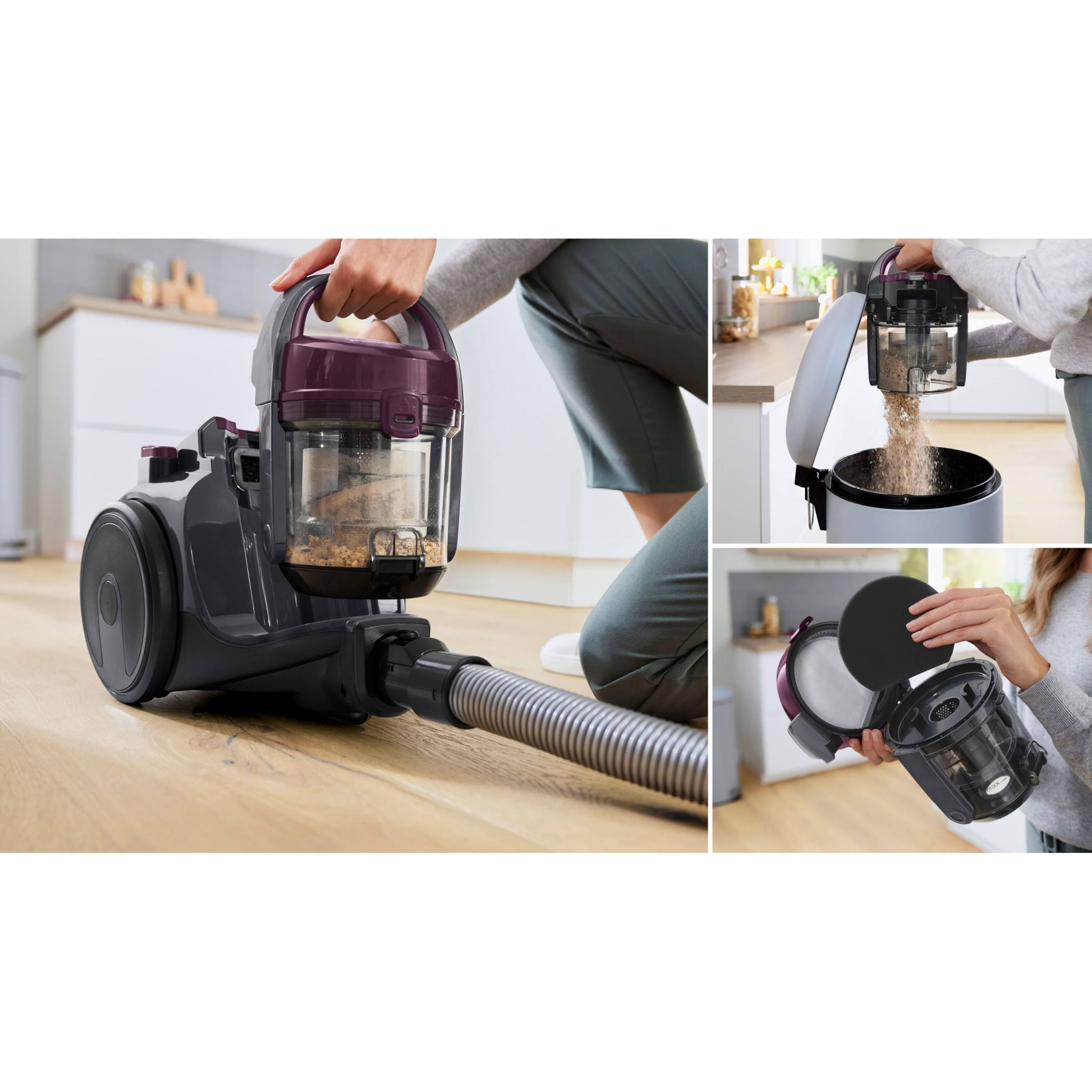 Aspirator fără sac BOSCH Serie 2 Cleann’n BGC05AAA1, Asp uscată, 700W, Praf 1.5l, Cablu 6m, 78dBA, Filtru igienic EPA12, Mâner ergonomic, 3 roți, AirCycle, HiSpin, Perie cu clapetă, 4.4kg, Violet
