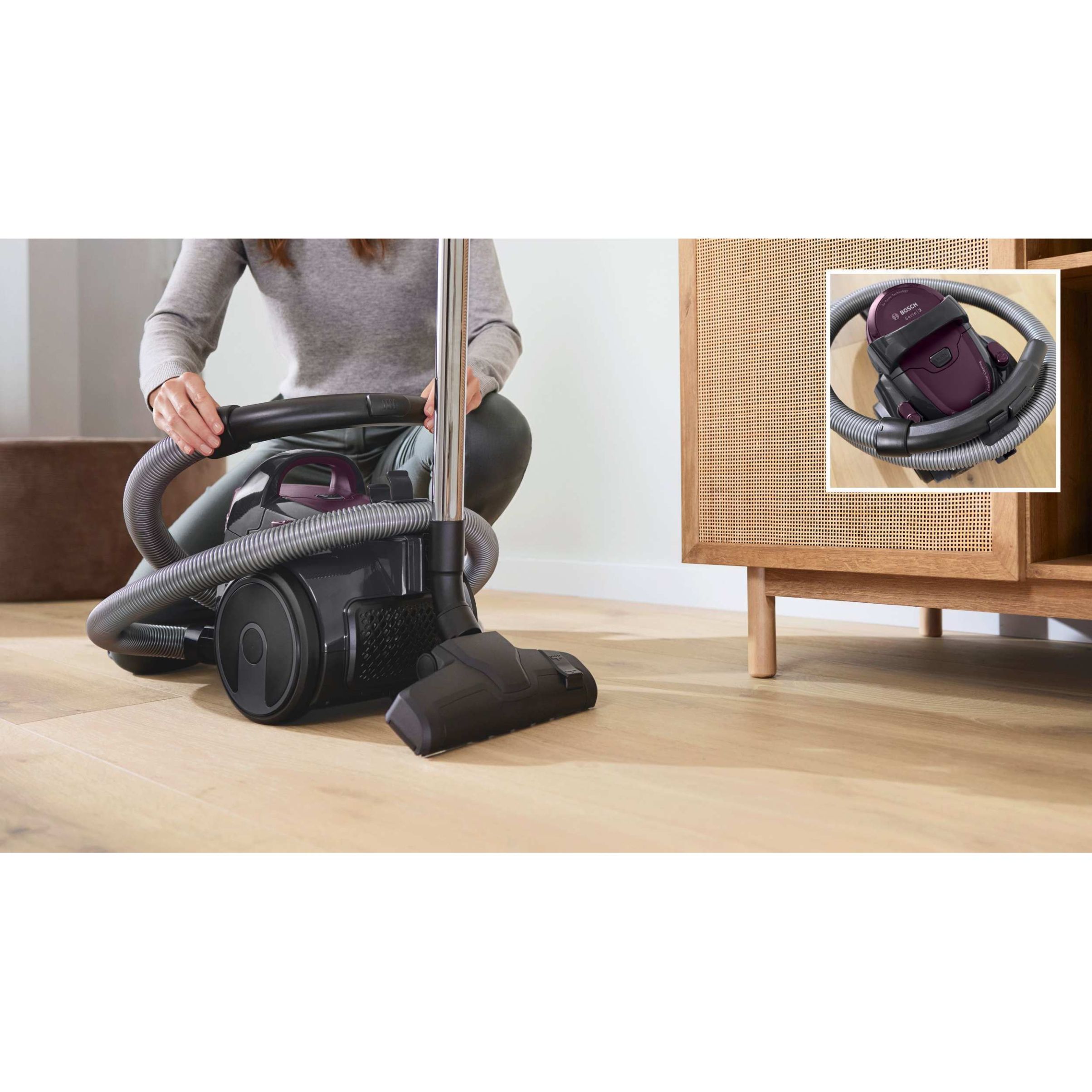 Aspirator fără sac BOSCH Serie 2 Cleann’n BGC05AAA1, Asp uscată, 700W, Praf 1.5l, Cablu 6m, 78dBA, Filtru igienic EPA12, Mâner ergonomic, 3 roți, AirCycle, HiSpin, Perie cu clapetă, 4.4kg, Violet