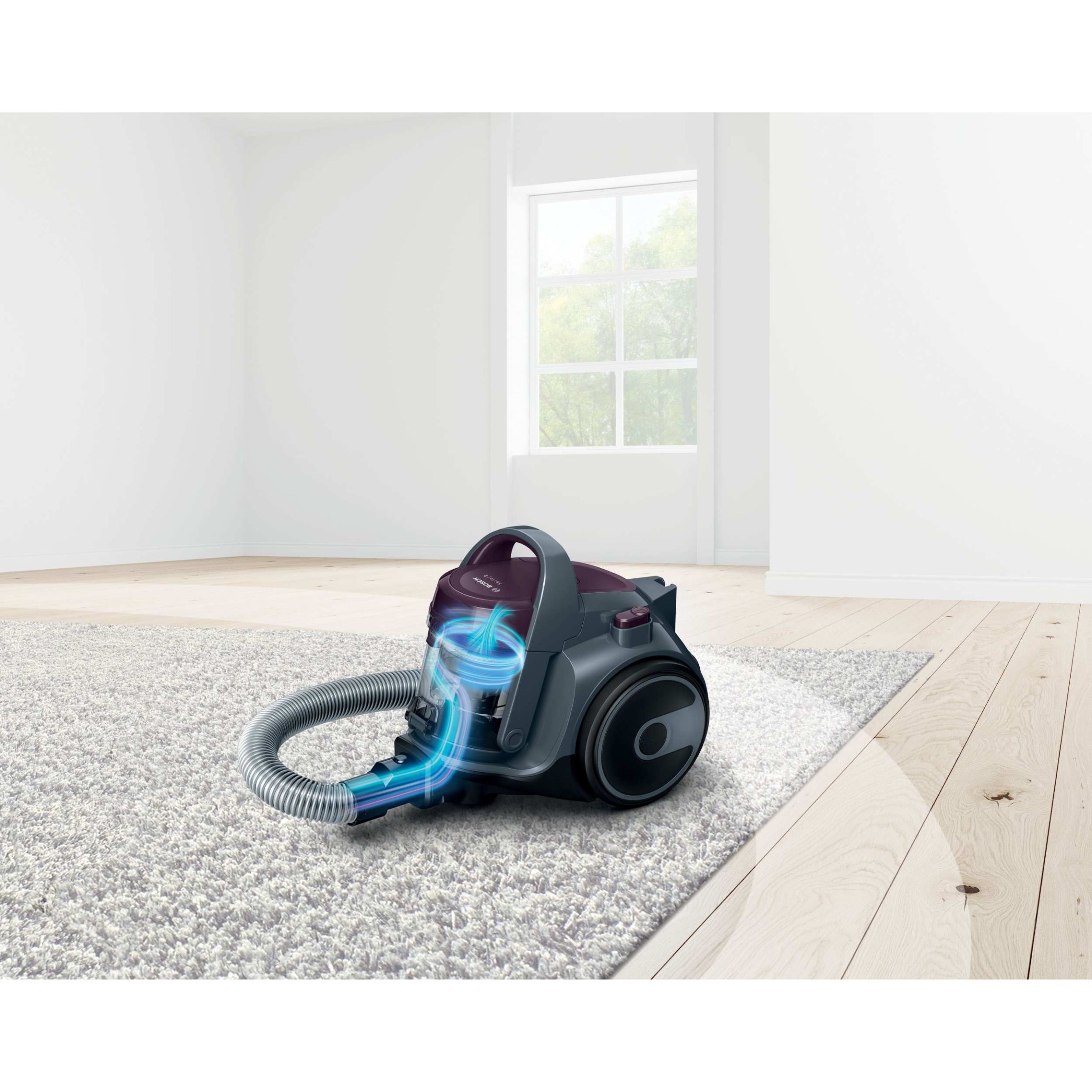 Aspirator fără sac BOSCH Serie 2 Cleann’n BGC05AAA1, Asp uscată, 700W, Praf 1.5l, Cablu 6m, 78dBA, Filtru igienic EPA12, Mâner ergonomic, 3 roți, AirCycle, HiSpin, Perie cu clapetă, 4.4kg, Violet