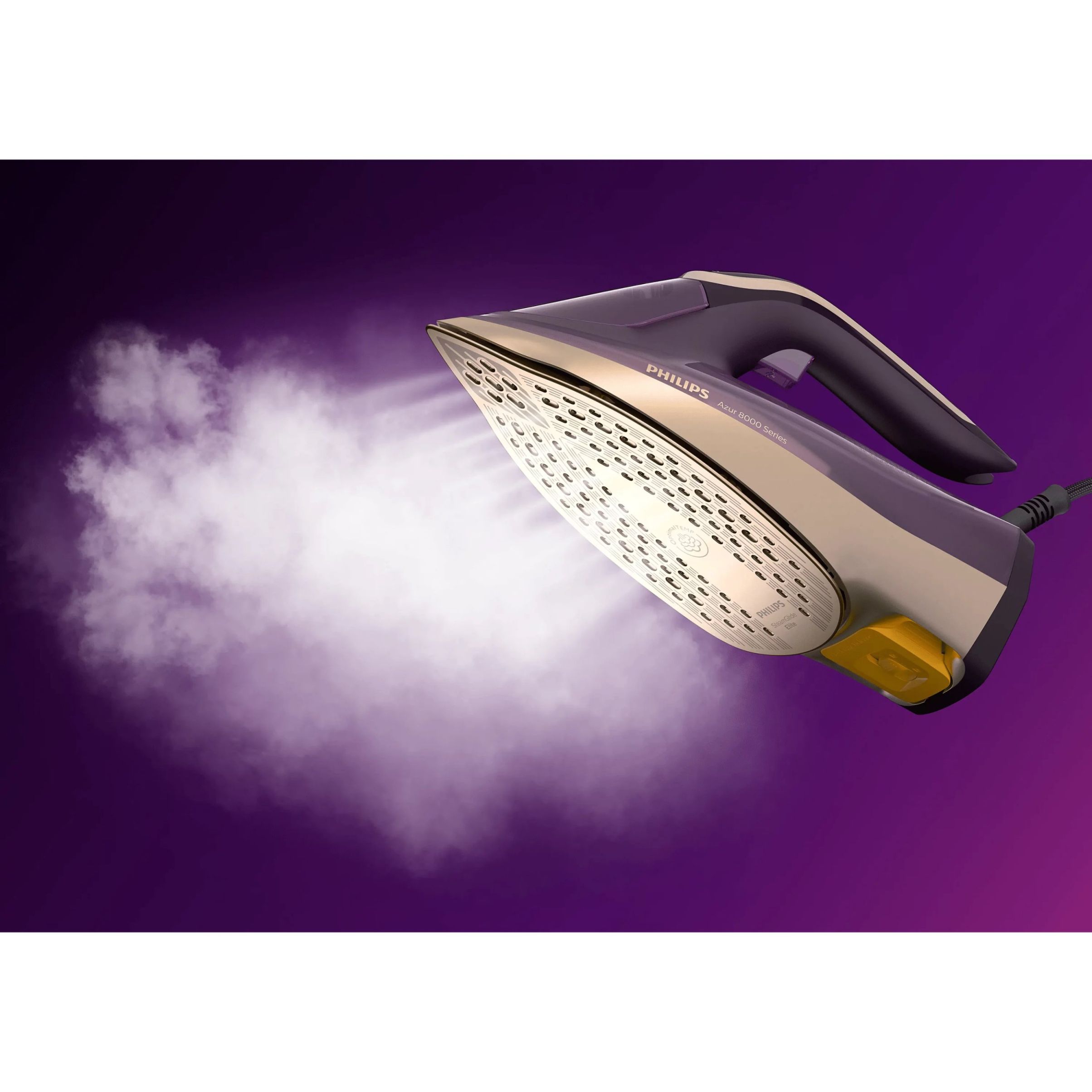 Fier de călcat cu abur Philips Azur Seria 8000 DST8040/30, 3000W, Continuu 90g/min, Jet 260g, Rezervor 350ml, Talpă SteamGlide Elite, OptimalTEMP, Oprire automată, C2.5m, G1.78kg, Dark Purple