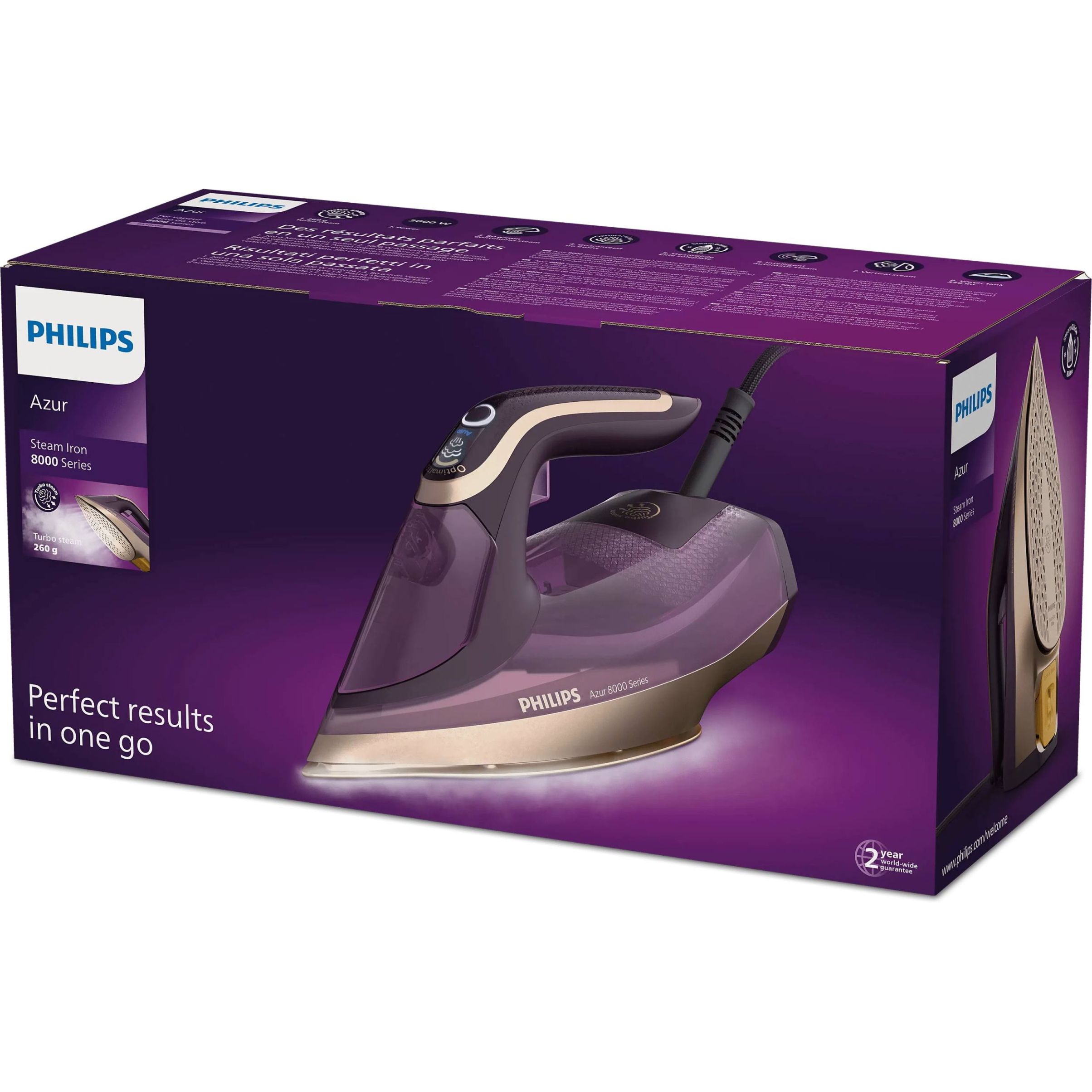 Fier de călcat cu abur Philips Azur Seria 8000 DST8040/30, 3000W, Continuu 90g/min, Jet 260g, Rezervor 350ml, Talpă SteamGlide Elite, OptimalTEMP, Oprire automată, C2.5m, G1.78kg, Dark Purple