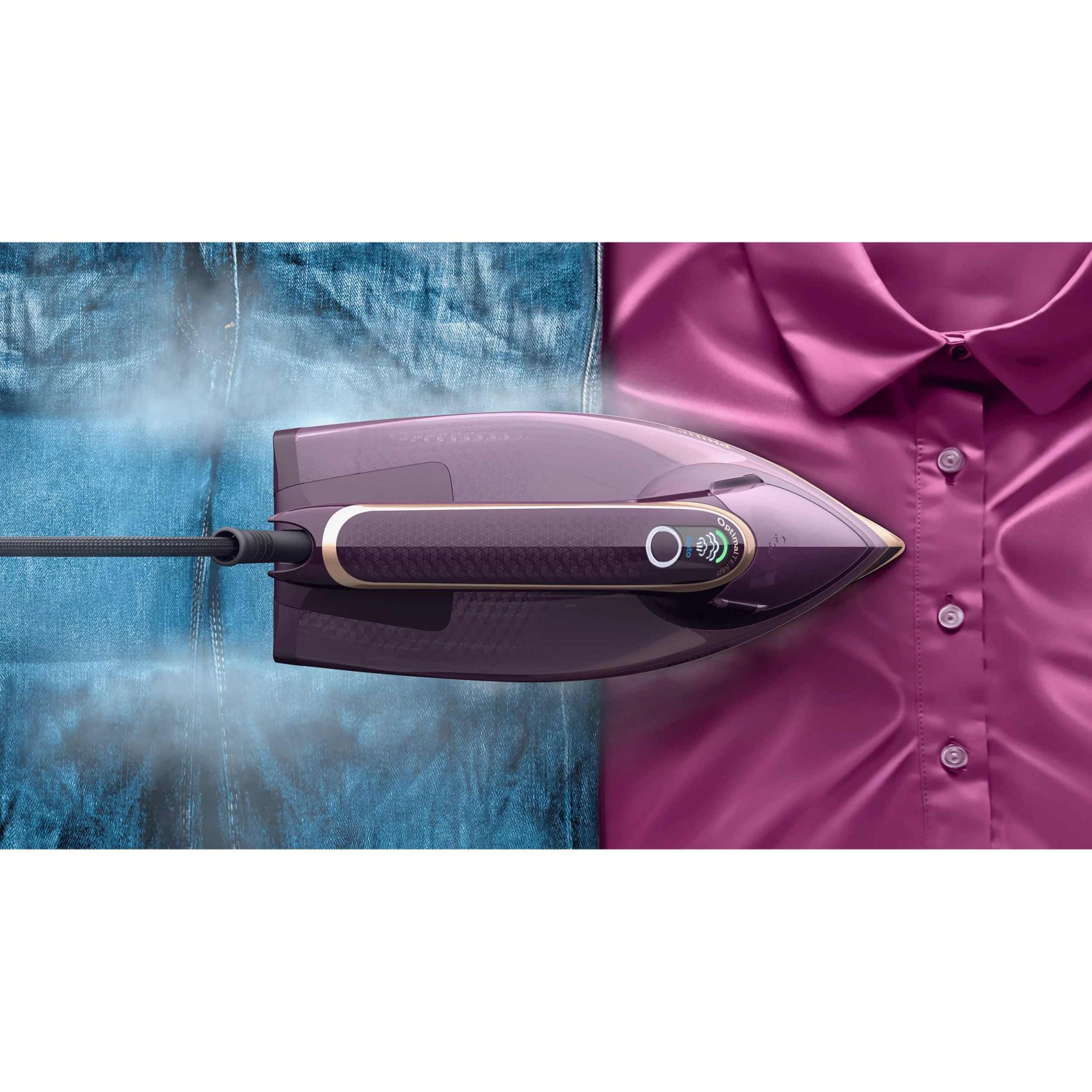 Fier de călcat cu abur Philips Azur Seria 8000 DST8040/30, 3000W, Continuu 90g/min, Jet 260g, Rezervor 350ml, Talpă SteamGlide Elite, OptimalTEMP, Oprire automată, C2.5m, G1.78kg, Dark Purple