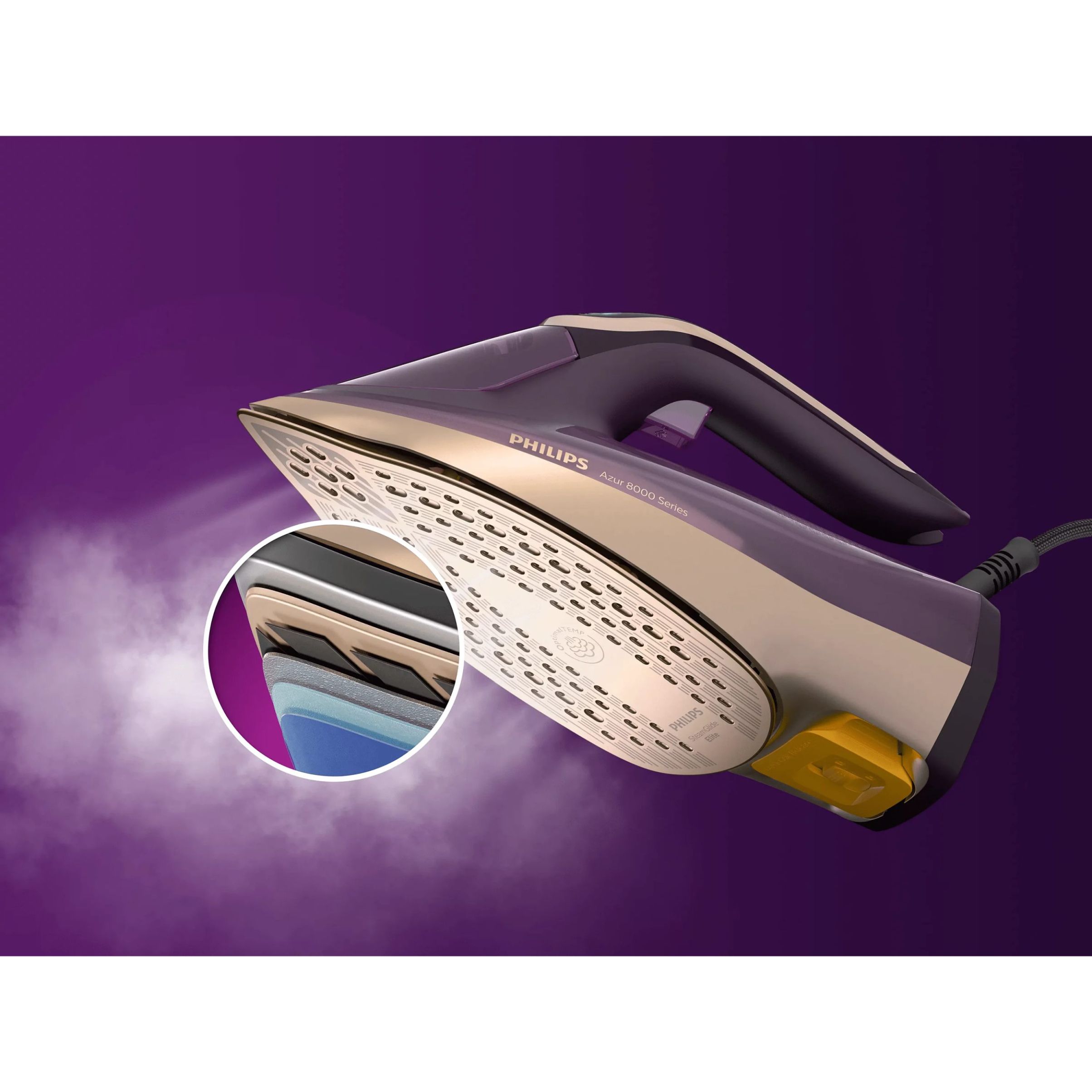 Fier de călcat cu abur Philips Azur Seria 8000 DST8040/30, 3000W, Continuu 90g/min, Jet 260g, Rezervor 350ml, Talpă SteamGlide Elite, OptimalTEMP, Oprire automată, C2.5m, G1.78kg, Dark Purple