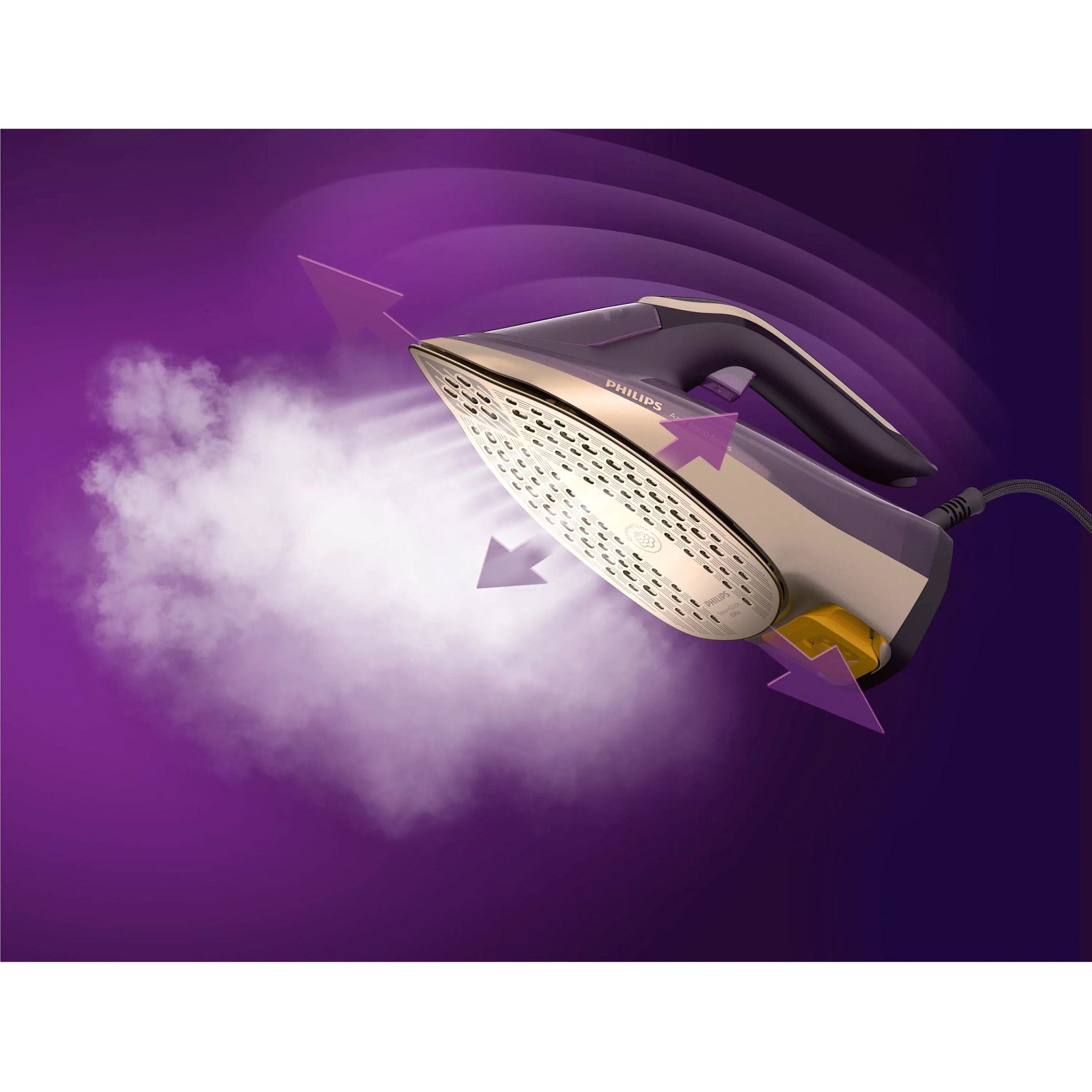 Fier de călcat cu abur Philips Azur Seria 8000 DST8040/30, 3000W, Continuu 90g/min, Jet 260g, Rezervor 350ml, Talpă SteamGlide Elite, OptimalTEMP, Oprire automată, C2.5m, G1.78kg, Dark Purple