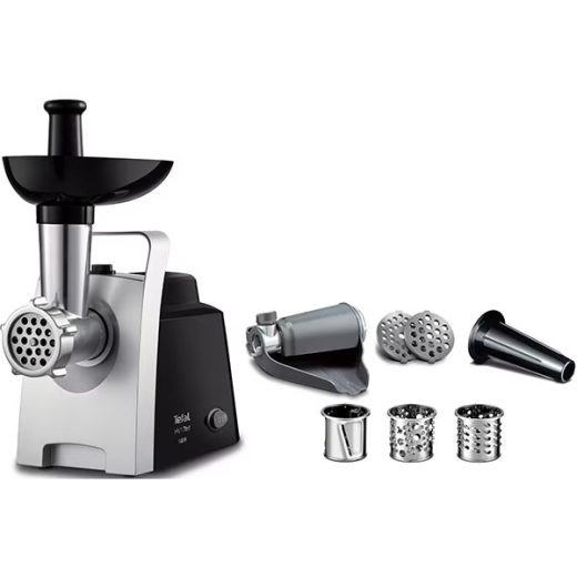 Masina de tocat carne TEFAL NE109838, 1.7kg/min, 1400W, accesoriu carnati/suc de rosii/feliere/radere, argintiu-negru