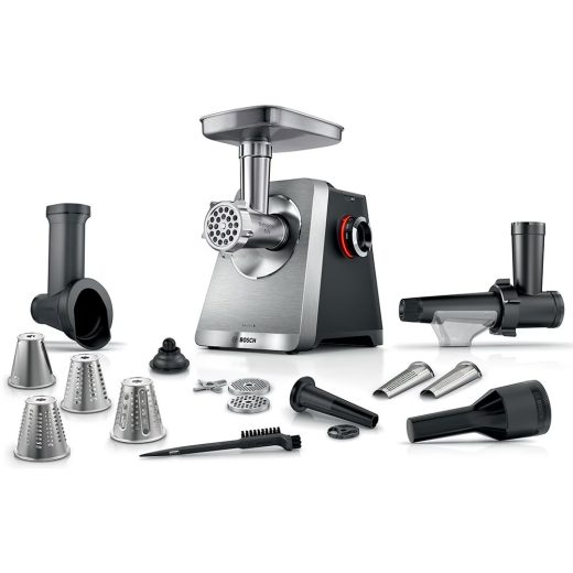 Masina de tocat carne BOSCH  MultiPower Seria 8 MFWS860M, 4.5kg/min, 2500W, accesoriu carnati/strorcator fructe, argintiu-negru