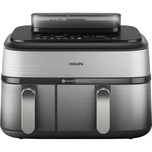 Friteuza cu aer cald dubla PHILIPS Seria 5000 NA555/00, 3kg, 9l, 2750W, functie Air Steam, argintiu-negru